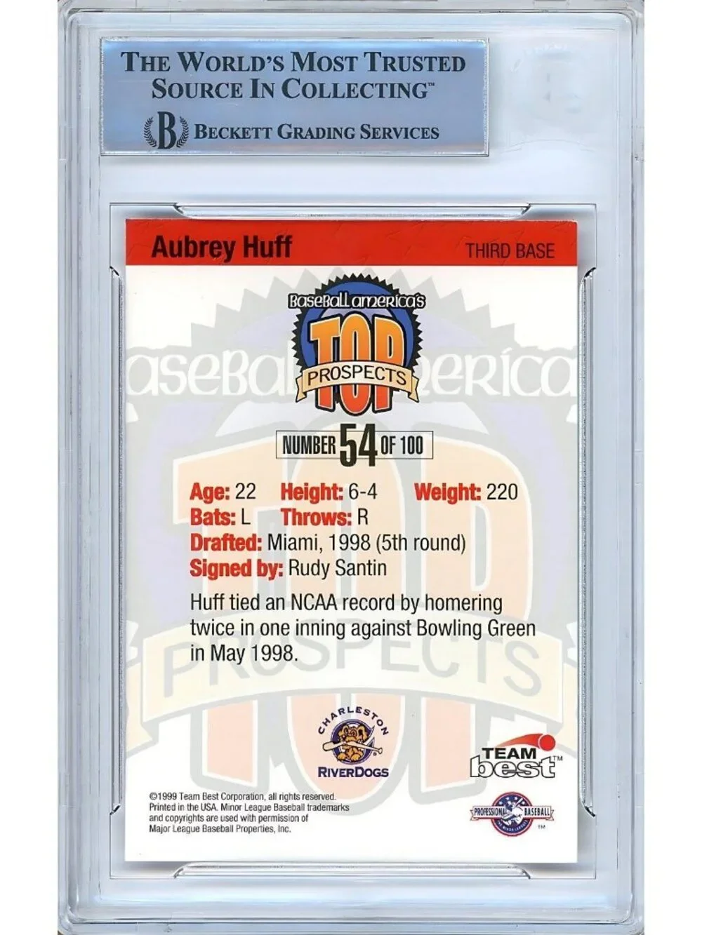 Aubrey Huff Signed 1999 Baseball America Team Best #54 Card Beckett BAS Slabbed